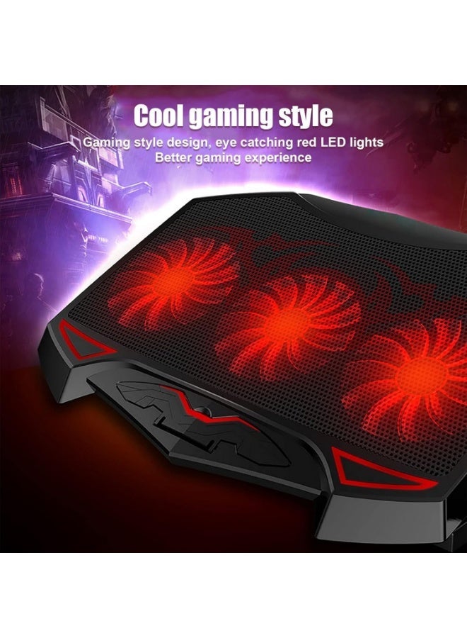 Gaming Laptop Cooling Pad Stand - 3 x Red Led Fans – 2 USB Ports - Support Notebook Size UP 15.6 Inch | Black - Image 5
